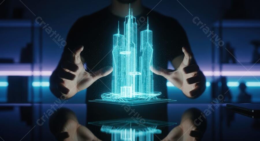 Foto Homem Interagindo Holograma Edifício Tecnologia Futuro