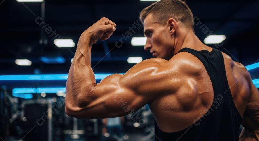 Foto Homem Musculoso Flexionando Bíceps Academia Fitness