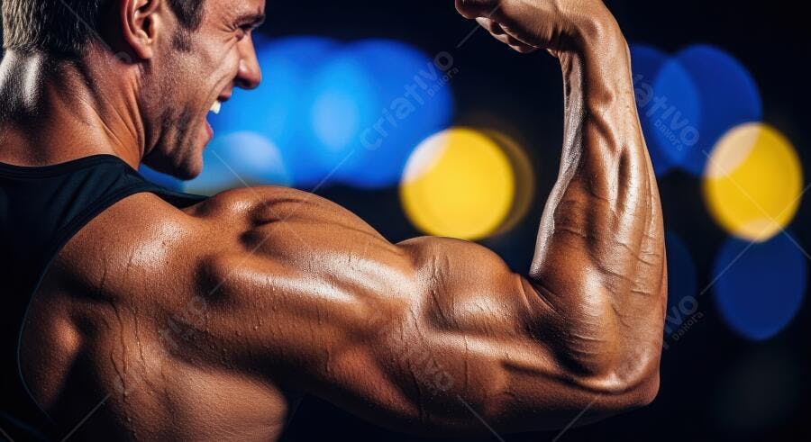 Foto Homem Musculoso Flexionando Bíceps Academia Noturna