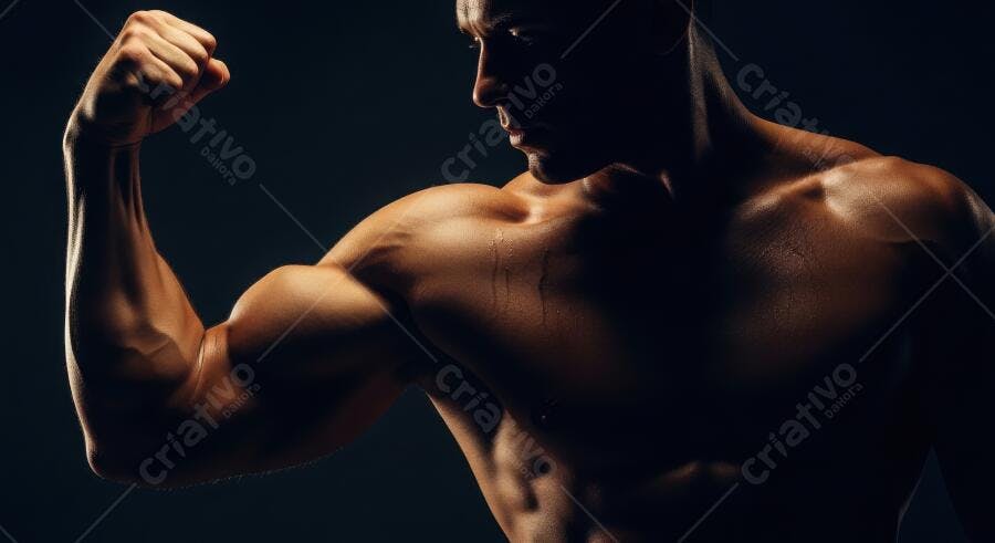 Foto Homem Musculoso Flexionando Bíceps Fundo Escuro Studio
