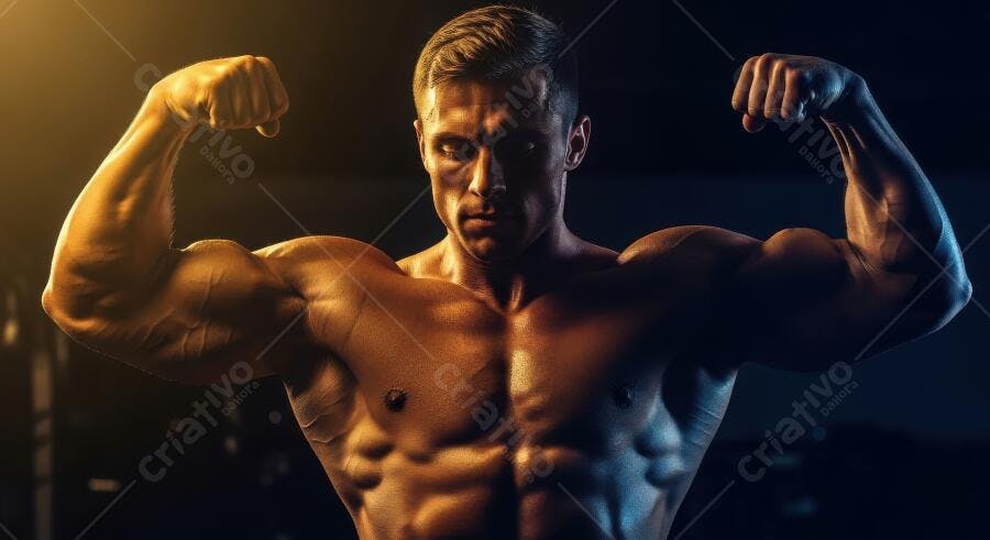 Foto Homem Musculoso Posa Flexionando Bíceps Treino Academia