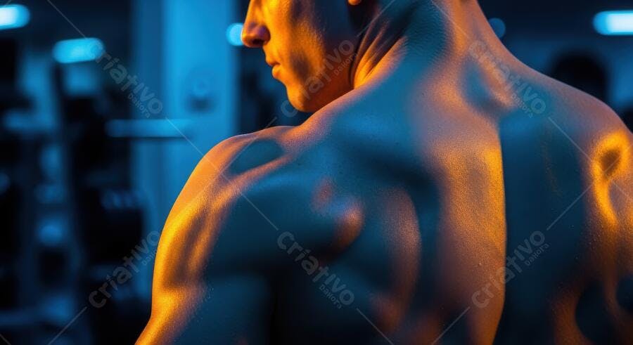 Foto Homem Musculoso Treinando Academia Iluminação Azul Laranja