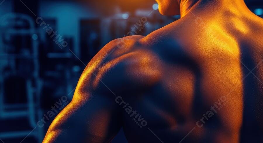 Foto Homem Musculoso Treinando Academia Luz Laranja Azul