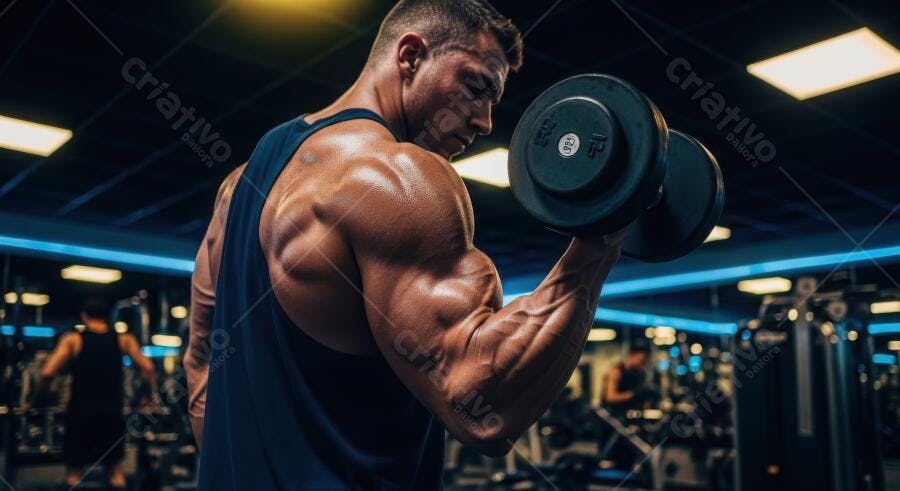 Foto Homem Musculoso Treinando Bíceps com Halteres na Academia