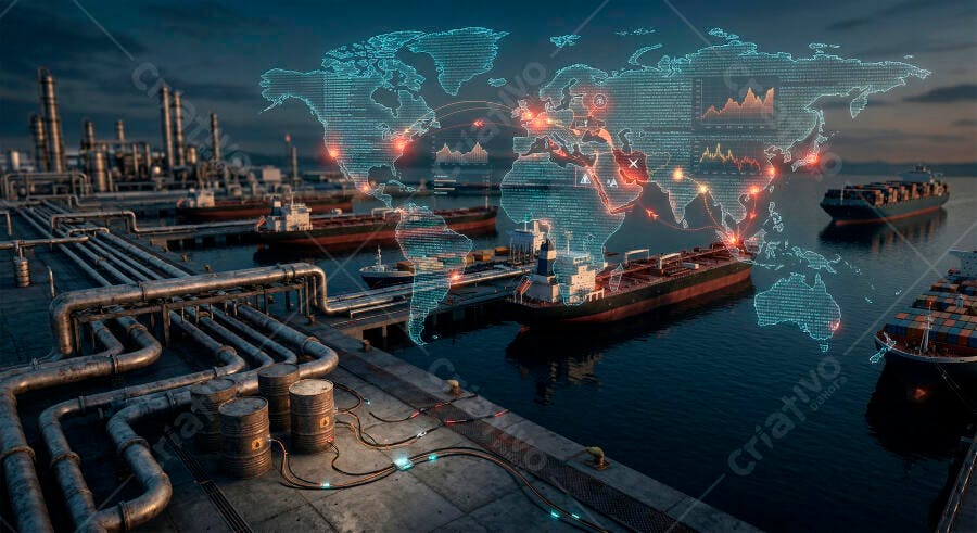 Foto Indústria Petróleo Refinaria Navios Mapa Mundo Conectado