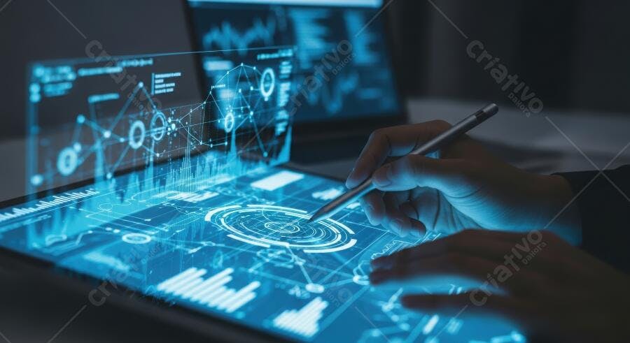 Foto Mão Interagindo Tela Holográfica Tecnologia Futuro Digital
