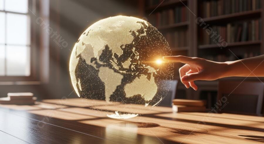 Foto Mão Tocando Globo Terrestre Holográfico Tecnologia Digital