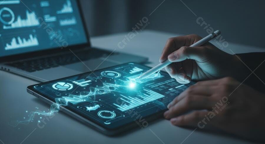 Foto Mãos Usando Tablet Digital Gráficos Negócios Tecnologia