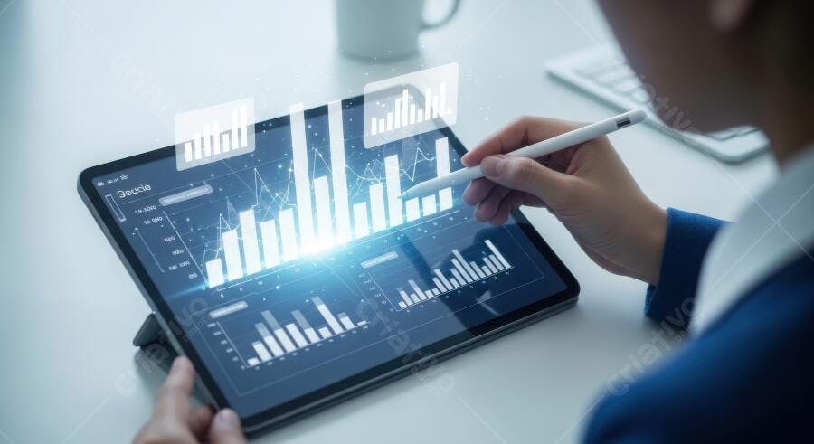 Foto Mulher Analisando Gráficos Financeiros Tablet Digital Escritório
