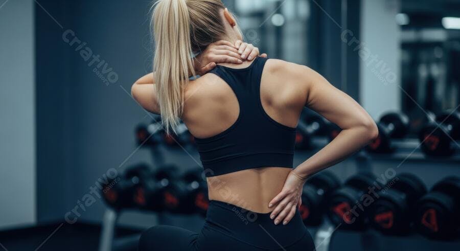 Foto Mulher com Dor no Pescoço e Costas Academia