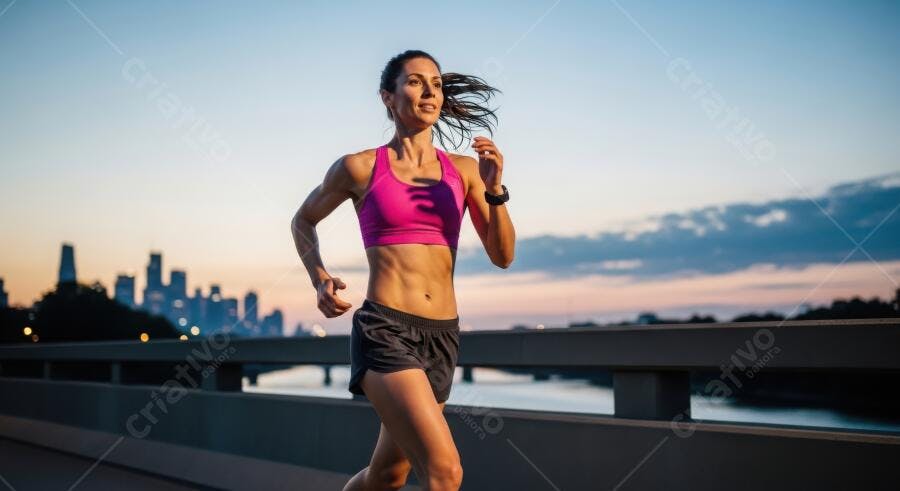 Foto Mulher Correndo Ponte Cidade ao Pôr do Sol Fitness