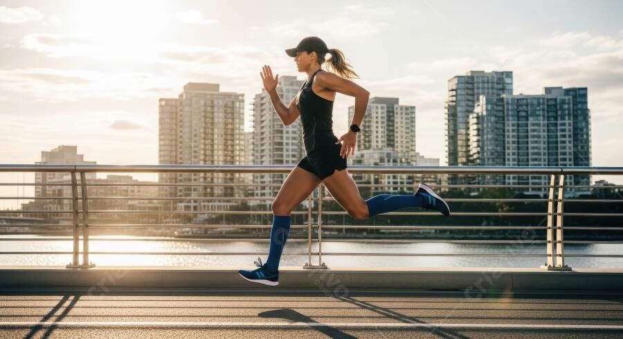 Foto Mulher Correndo Ponte Cidade ao Pôr do Sol Fitness