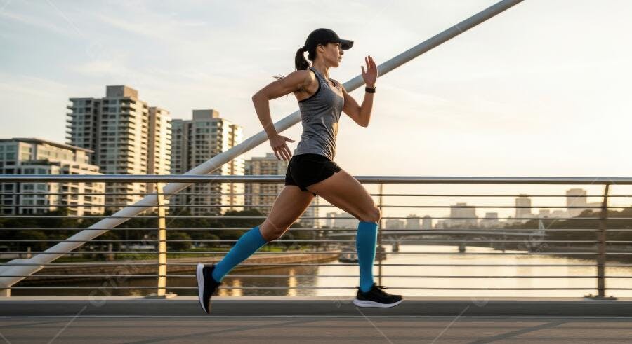 Foto Mulher Correndo Ponte Cidade ao Pôr do Sol Fitness