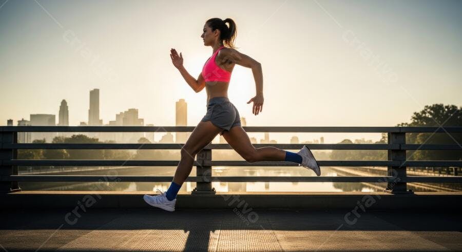Foto Mulher Correndo Ponte Urbana ao Pôr do Sol Fitness