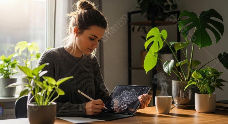 Foto Mulher Designer Gráfica Trabalhando Tablet Home Office