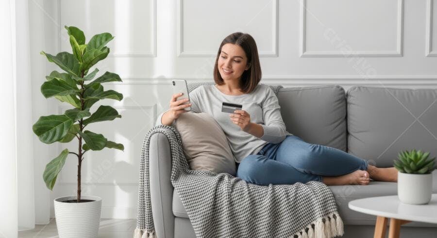 Foto Mulher Jovem Comprando Online Cartão de Crédito Celular Sofá