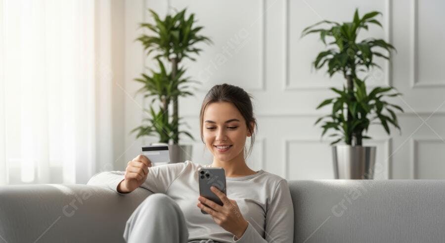 Foto Mulher Jovem Comprando Online Celular Cartão de Crédito Sofá