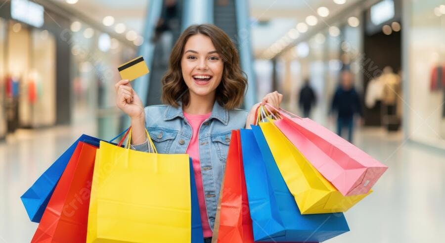 Foto Mulher Jovem Sorrindo Compras Cartão Crédito Shopping