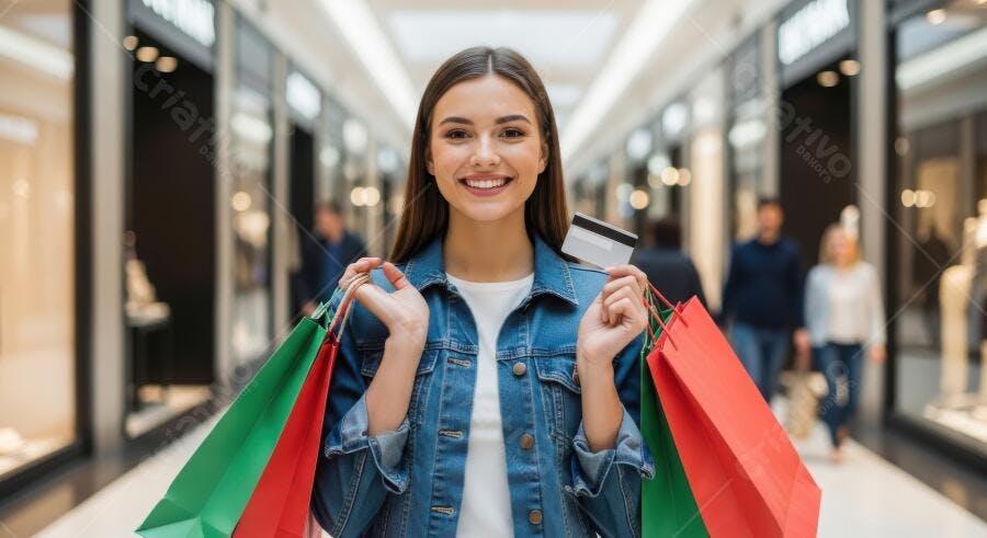 Foto Mulher Jovem Sorrindo Compras Cartão de Crédito Shopping