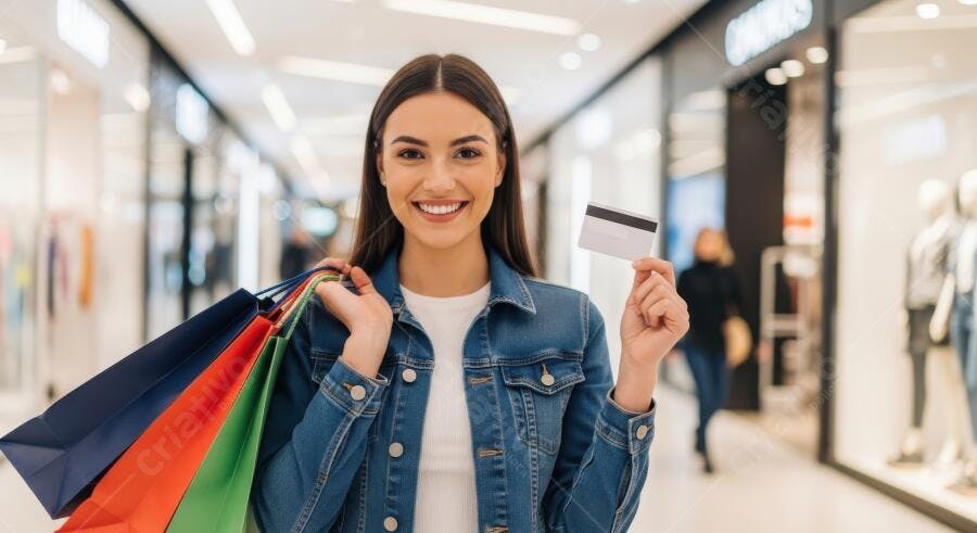 Foto Mulher Jovem Sorrindo Segurando Sacolas Cartão Crédito Shopping