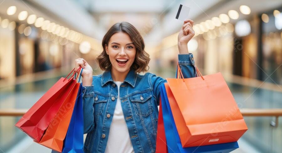 Foto Mulher Jovem Sorrindo Segurando Sacolas Compras Cartão Crédito Shopping