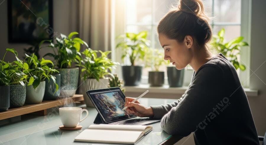 Foto Mulher Jovem Trabalhando Home Office com Tablet e Plantas