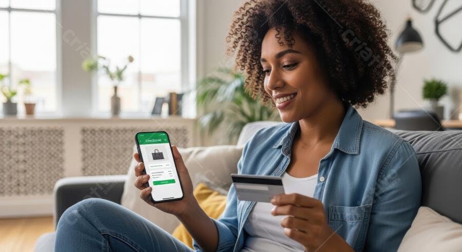 Foto Mulher Negra Comprando Online Cartão de Crédito Celular