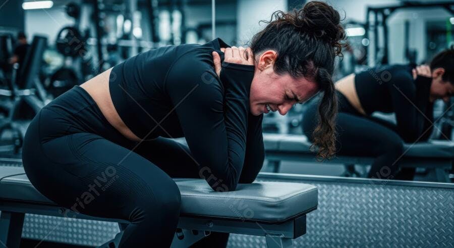 Foto Mulher Sentindo Dor Pescoço Academia Exercício Físico