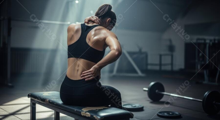 Foto Mulher Sentindo Dor Pescoço Costas Academia Treino