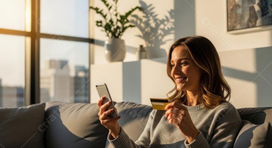 Foto Mulher Sorrindo Comprando Online Cartão Crédito Celular