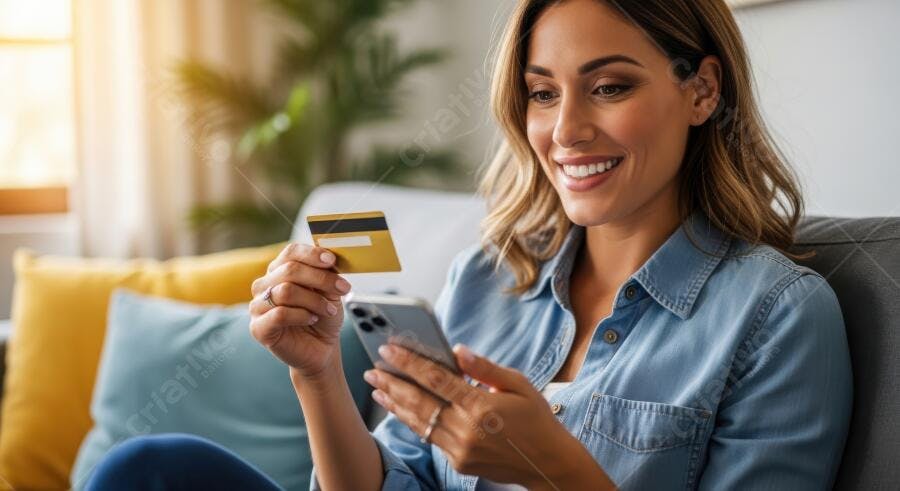 Foto Mulher Sorrindo Comprando Online Cartão Crédito Celular