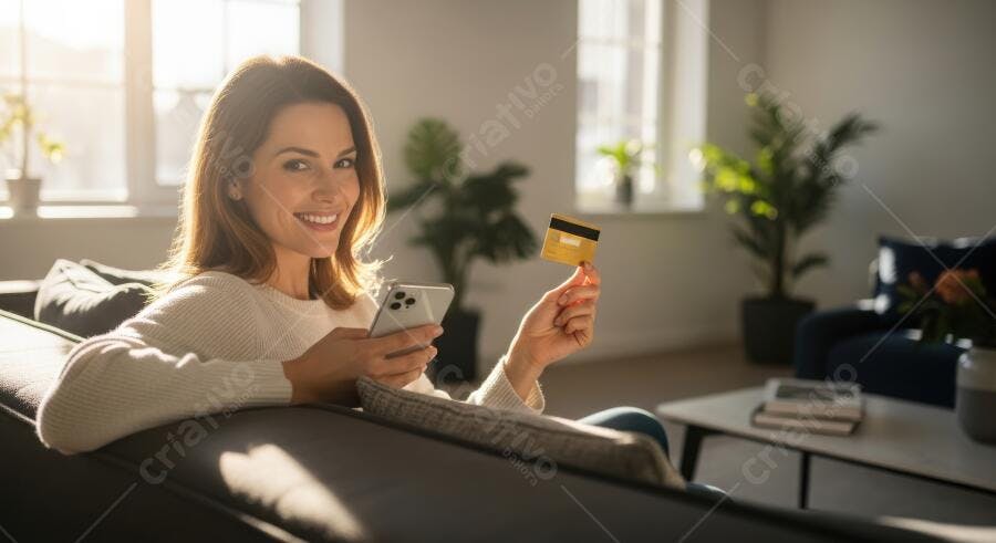 Foto Mulher Sorrindo Comprando Online Cartão de Crédito Celular