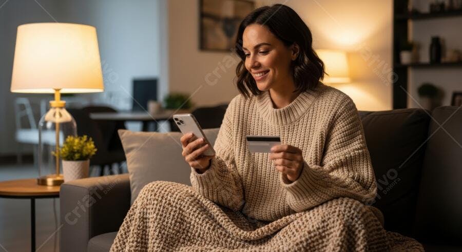 Foto Mulher Sorrindo Comprando Online Cartão de Crédito Celular