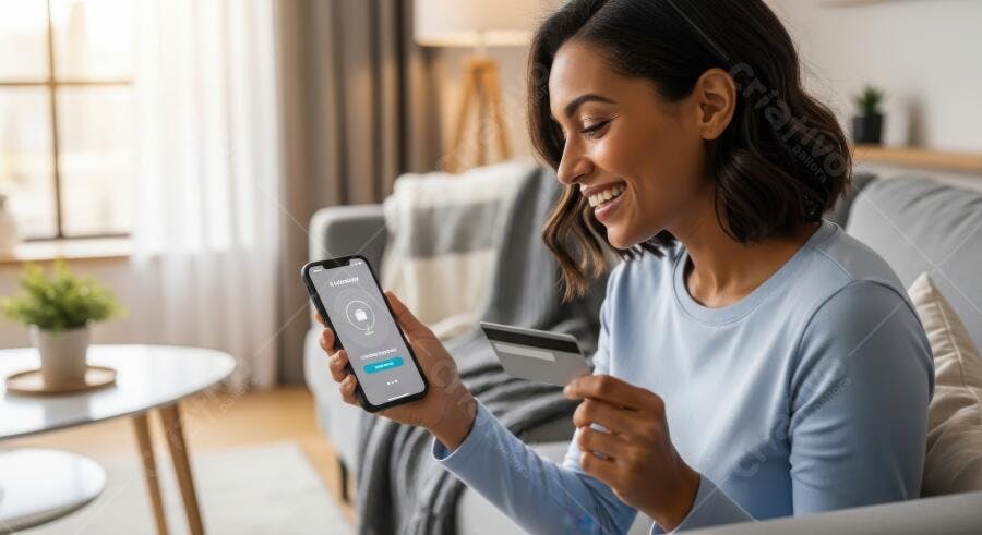 Foto Mulher Sorrindo Comprando Online Celular Cartão de Crédito