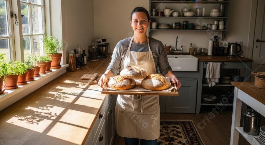 Foto Mulher Sorrindo Segurando Pães Artesanais Cozinha Caseira