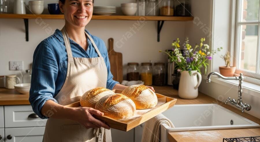 Foto Mulher Sorrindo Segurando Pães Frescos Cozinha Clara