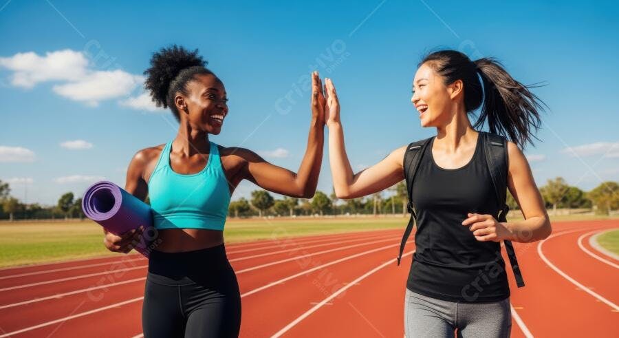 Foto Mulheres Atletas Comemorando Pista de Corrida Fitness