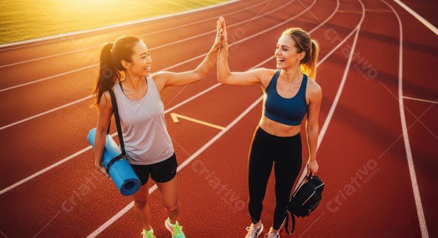 Foto Mulheres Atletas Dando High Five Pista de Corrida Esporte