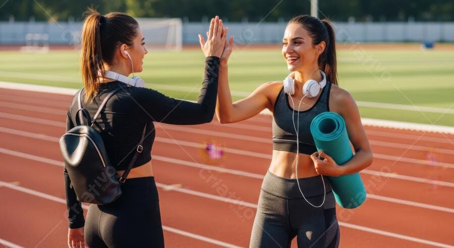 Foto Mulheres Atletas Fazendo High Five Pista de Corrida Esporte
