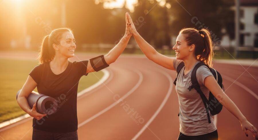 Foto Mulheres Atletas Fazendo High Five Pista de Corrida Pôr do Sol