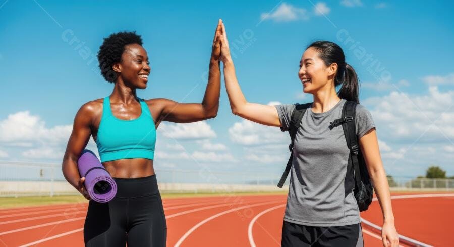 Foto Mulheres Atletas High Five Pista de Corrida Treino