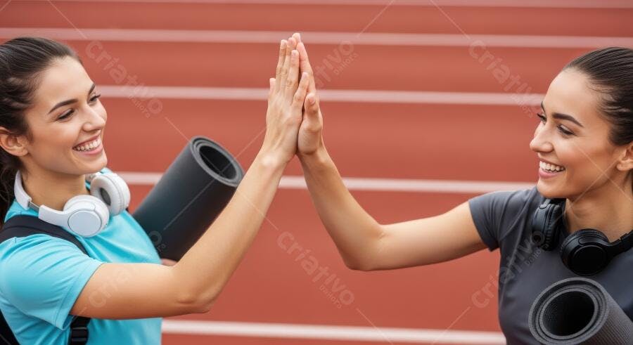 Foto Mulheres Jovens Sorrindo High Five Pista de Corrida