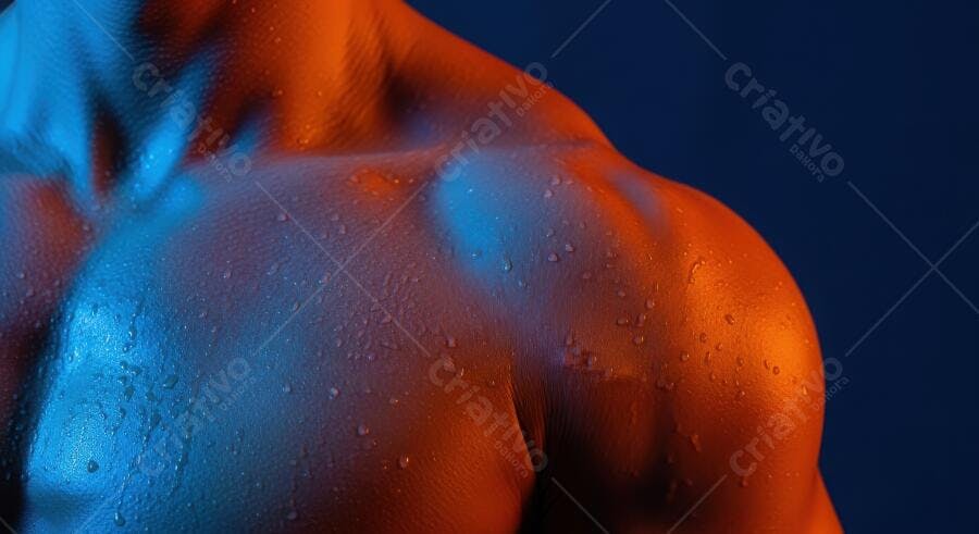 Foto Musculoso Corpo Masculino Suado Iluminação Neon Azul Laranja