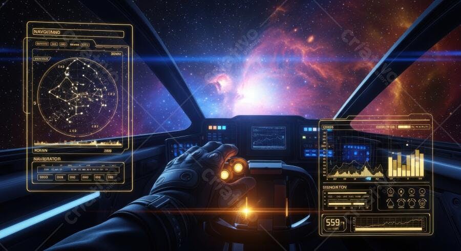 Foto Nave Espacial Pilotando Cockpit Visão Estrelas e Nebulosa