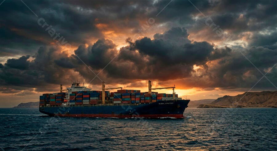 Foto Navio Cargueiro Contêineres Navegando Mar Pôr do Sol