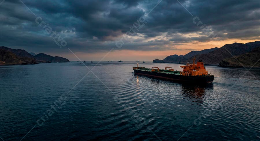 Foto Navio Cargueiro no Mar ao Entardecer Montanhas