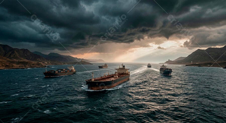 Foto Navios Cargueiros Navegando Mar Aberto Céu Nublado