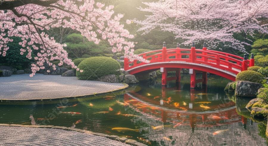 Foto Paisagem Japonesa Ponte Vermelha Cerejeiras Lago Koi