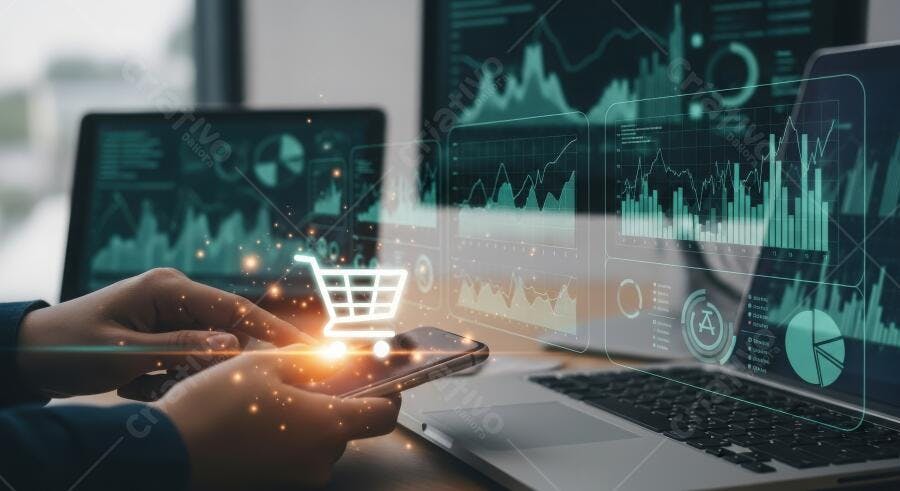 Foto Pessoa Usando Celular Compras Online E-commerce Gráficos