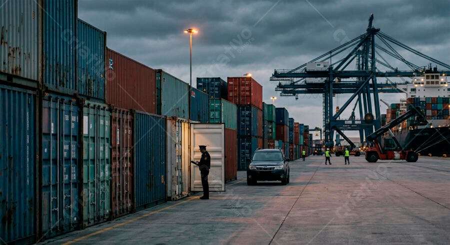 Foto Porto Comercial Contêineres Navio Carga Logística Noturna